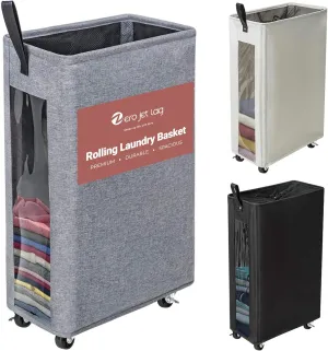 ZERO JET LAG 25 Inches Slim Laundry Storage Hamper - Large Rolling Clothes Hamper - Rolling Storage Bin - Tall Corner Basket - Clear Window Visible - Dirty Laundry Bin - Heather Gray