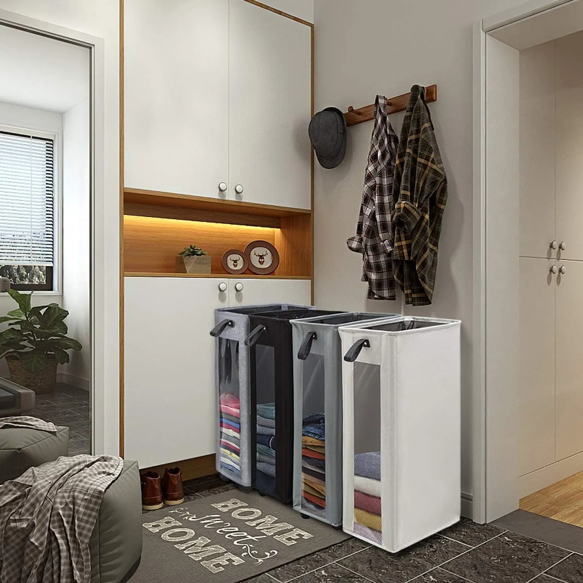 ZERO JET LAG 25 Inches Slim Laundry Storage Hamper - Large Rolling Clothes Hamper - Rolling Storage Bin - Tall Corner Basket - Clear Window Visible - Dirty Laundry Bin - Heather Gray