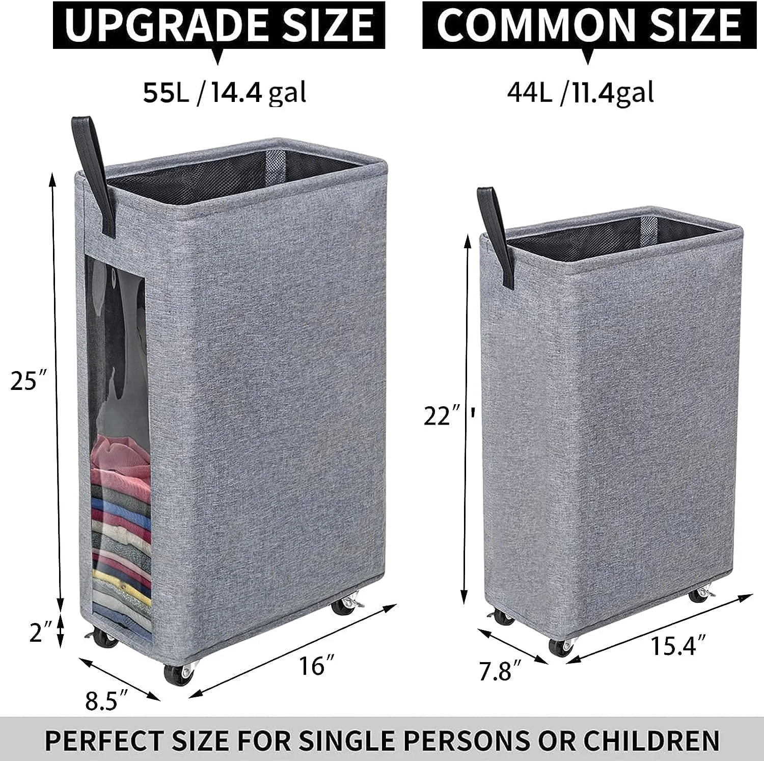 ZERO JET LAG 25 Inches Slim Laundry Storage Hamper - Large Rolling Clothes Hamper - Rolling Storage Bin - Tall Corner Basket - Clear Window Visible - Dirty Laundry Bin - Heather Gray