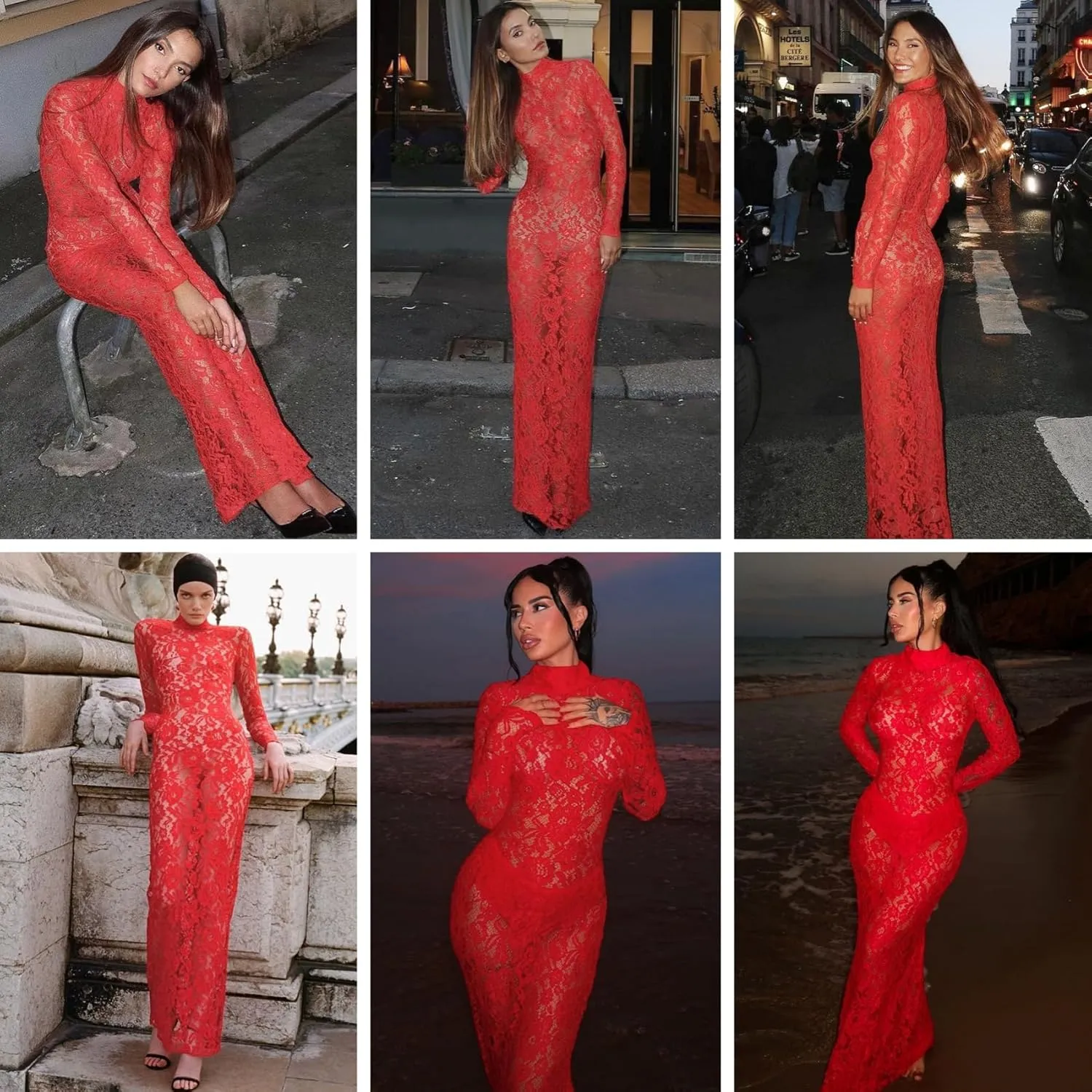 ZGMYC Women's Elegant Floral Lace Maxi Dress Sexy See Through Long Sleeve Evening Dress Party Cocktail Dress Beach Cover Ups