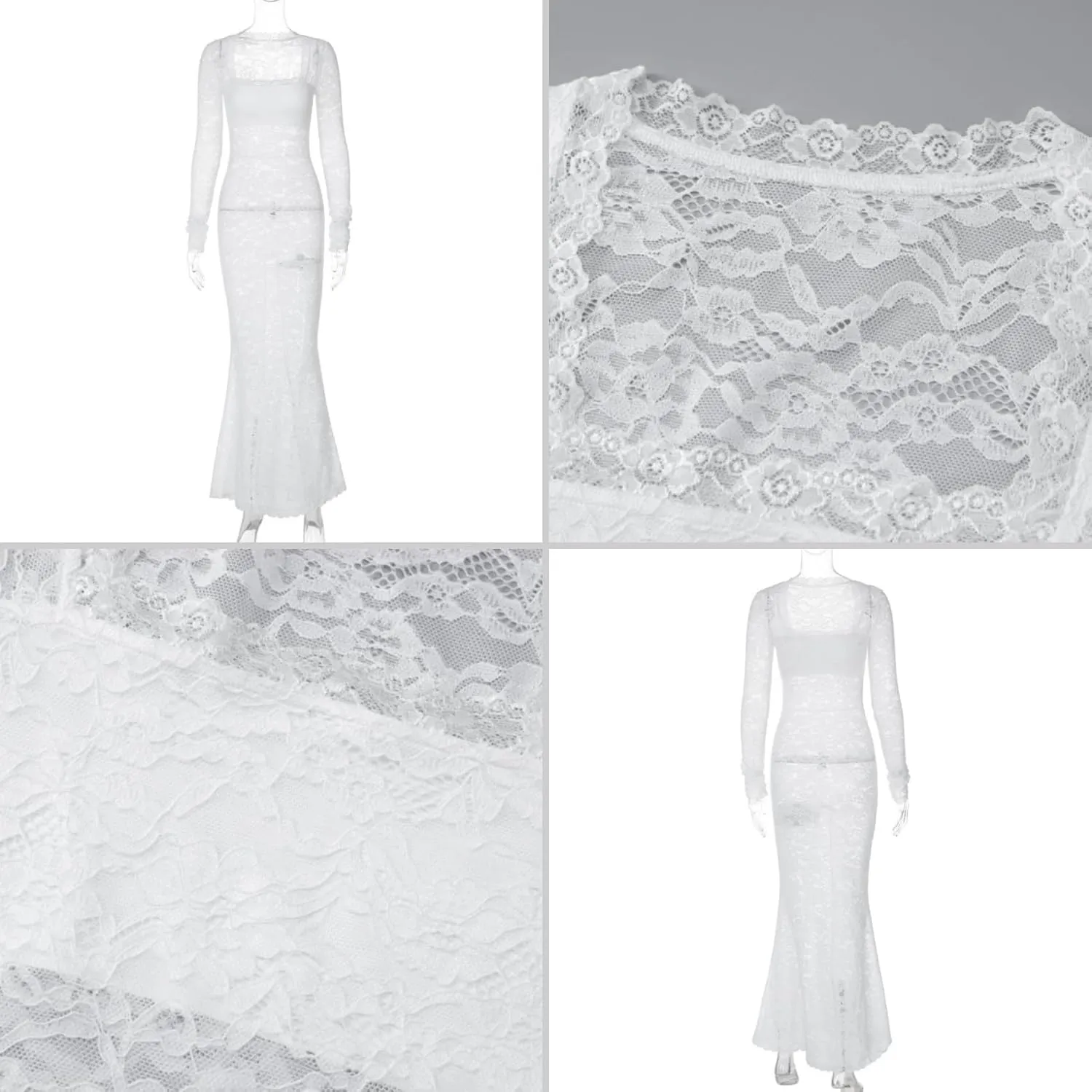 ZGMYC Women's Elegant Floral Lace Maxi Dress Sexy See Through Long Sleeve Evening Dress Party Cocktail Dress Beach Cover Ups