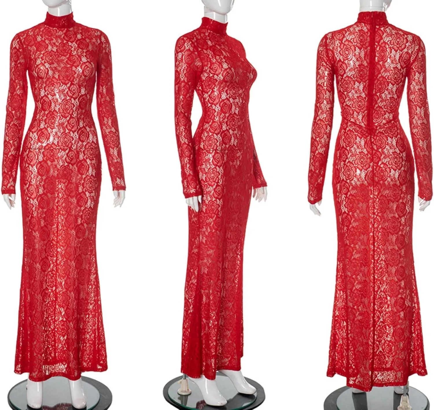 ZGMYC Women's Elegant Floral Lace Maxi Dress Sexy See Through Long Sleeve Evening Dress Party Cocktail Dress Beach Cover Ups