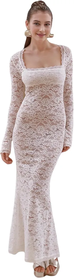 ZGMYC Women's Elegant Floral Lace Maxi Dress Sexy See Through Long Sleeve Evening Dress Party Cocktail Dress Beach Cover Ups
