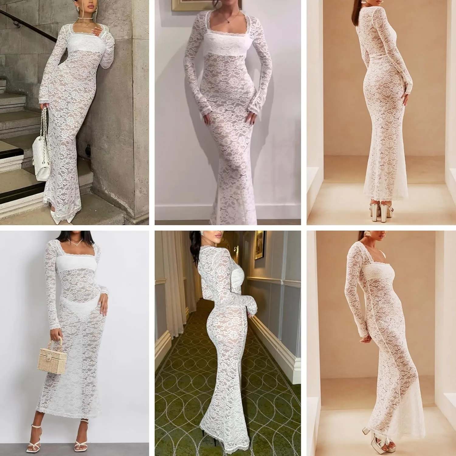 ZGMYC Women's Elegant Floral Lace Maxi Dress Sexy See Through Long Sleeve Evening Dress Party Cocktail Dress Beach Cover Ups