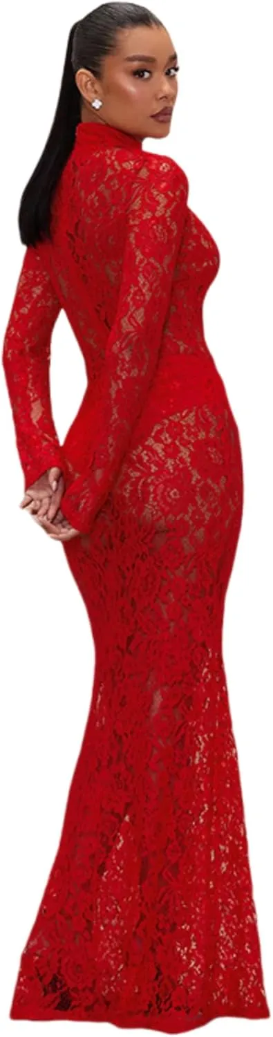 ZGMYC Women's Elegant Floral Lace Maxi Dress Sexy See Through Long Sleeve Evening Dress Party Cocktail Dress Beach Cover Ups