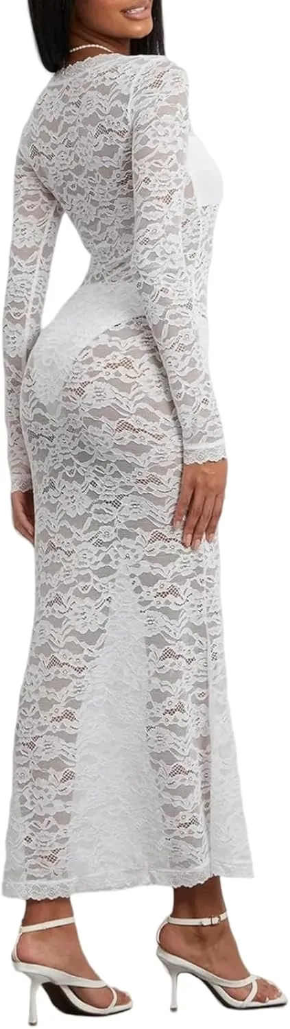 ZGMYC Women's Elegant Floral Lace Maxi Dress Sexy See Through Long Sleeve Evening Dress Party Cocktail Dress Beach Cover Ups