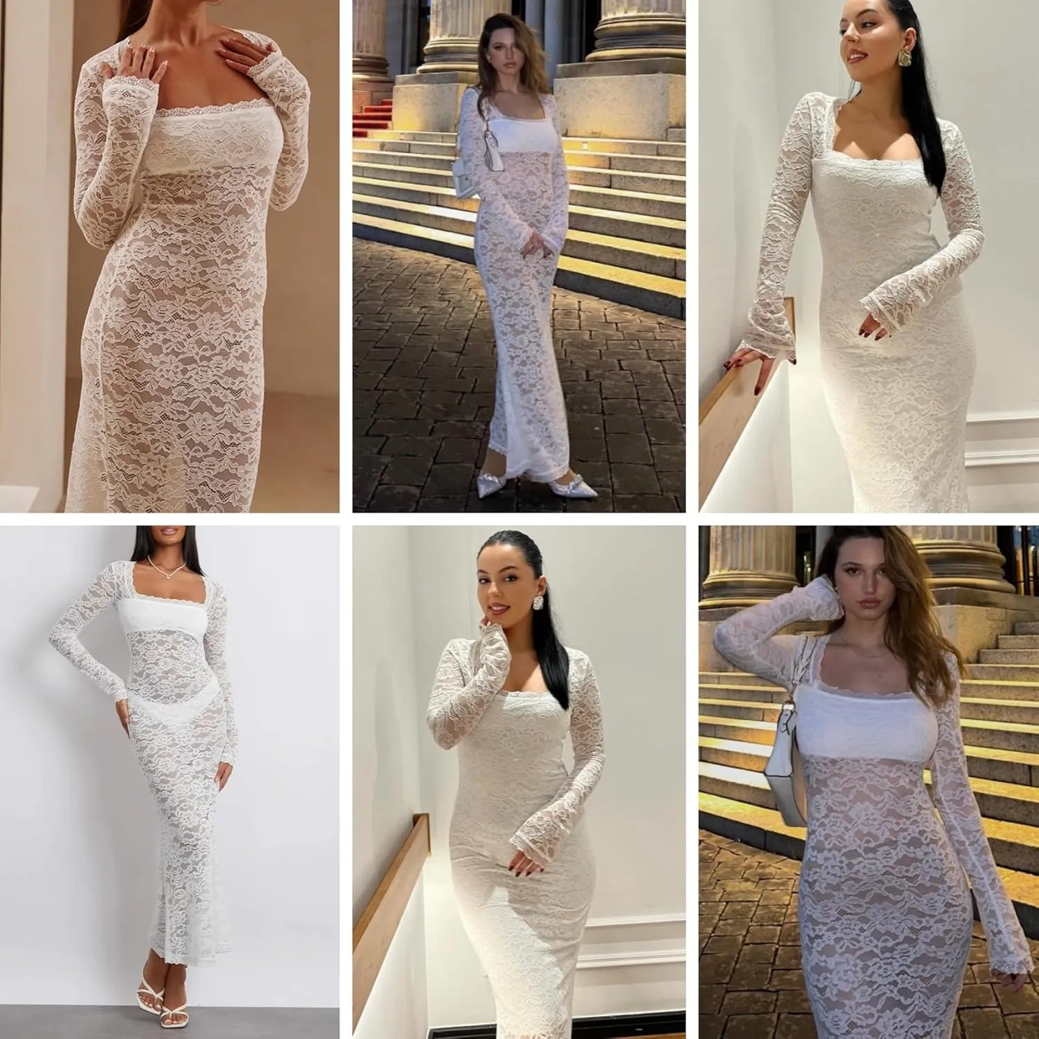 ZGMYC Women's Elegant Floral Lace Maxi Dress Sexy See Through Long Sleeve Evening Dress Party Cocktail Dress Beach Cover Ups