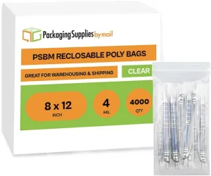 Zipper Reclosable Plastic Bags 8" x 12" 4 Mil Clear Heavy Duty Polybag 4000 Count