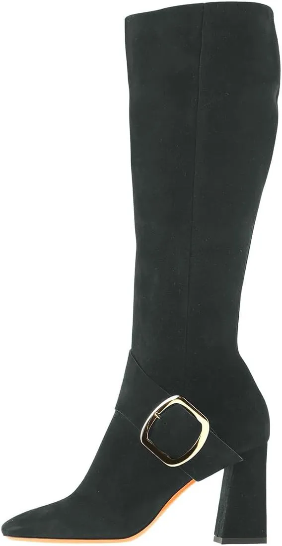 Zszszsu Women's Square Toe Knee High Boots with Side Zipper Chunky Block High Heels Buckle Decor Dressy Long Boots Shoes Size 4-16 US